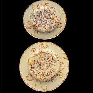 2 Pier One Floral Dot Hand Painted Earthenware 9” Round Salad Dessert Plates EUC